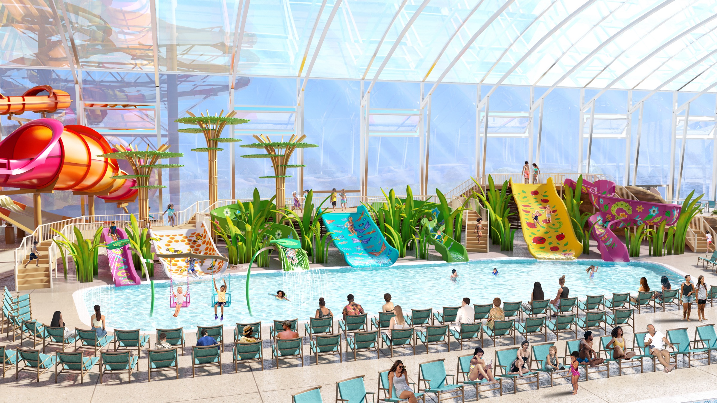 Indoor waterpark concept render with slides and lounge chairs
