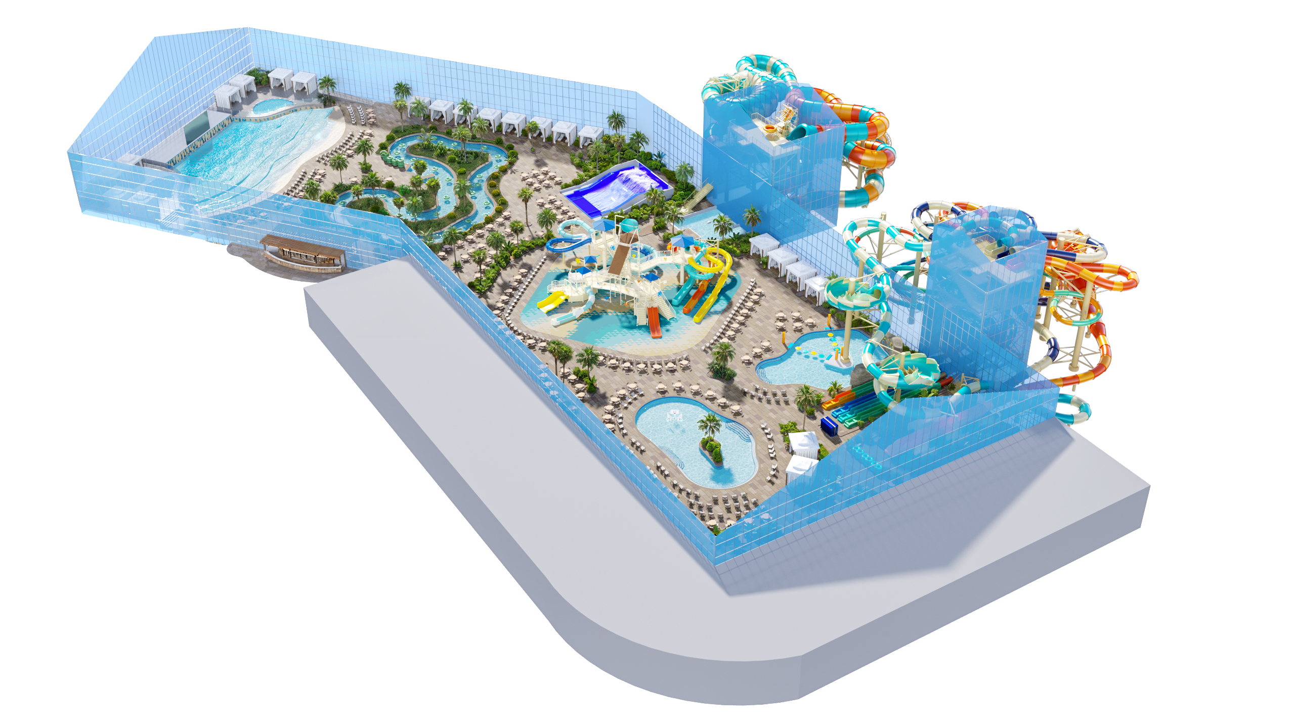 Isometric render of the waterpark with the roof removed