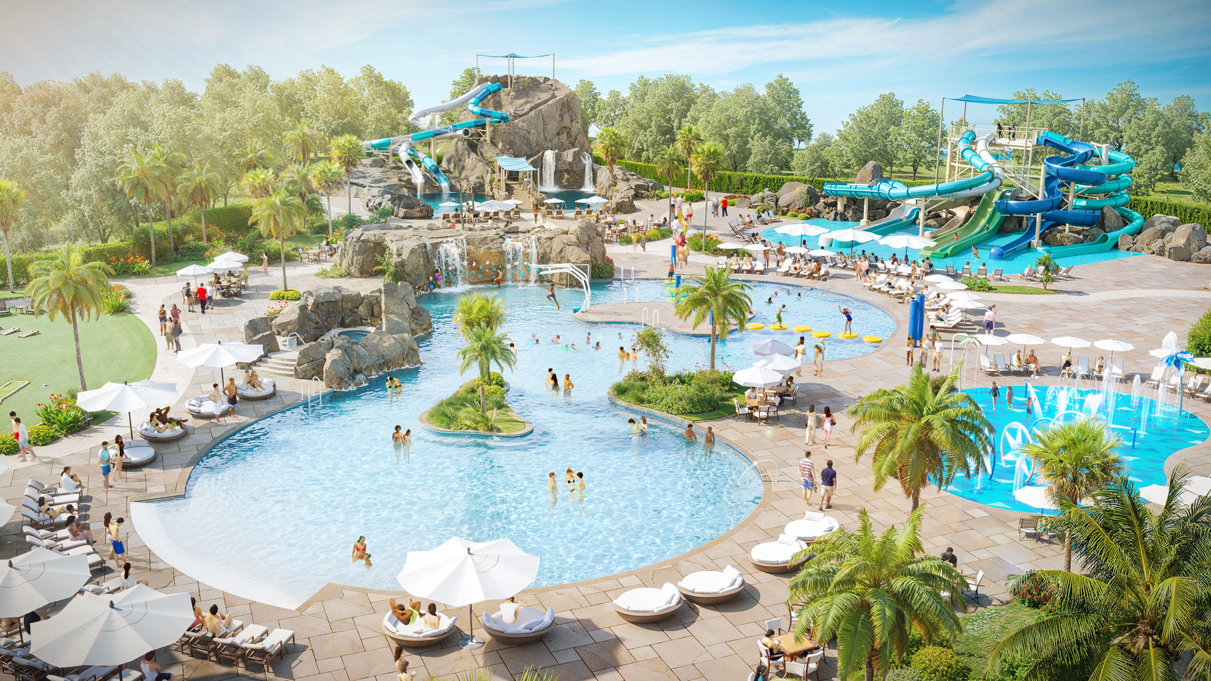 Realistic rendering of a waterpark pool area