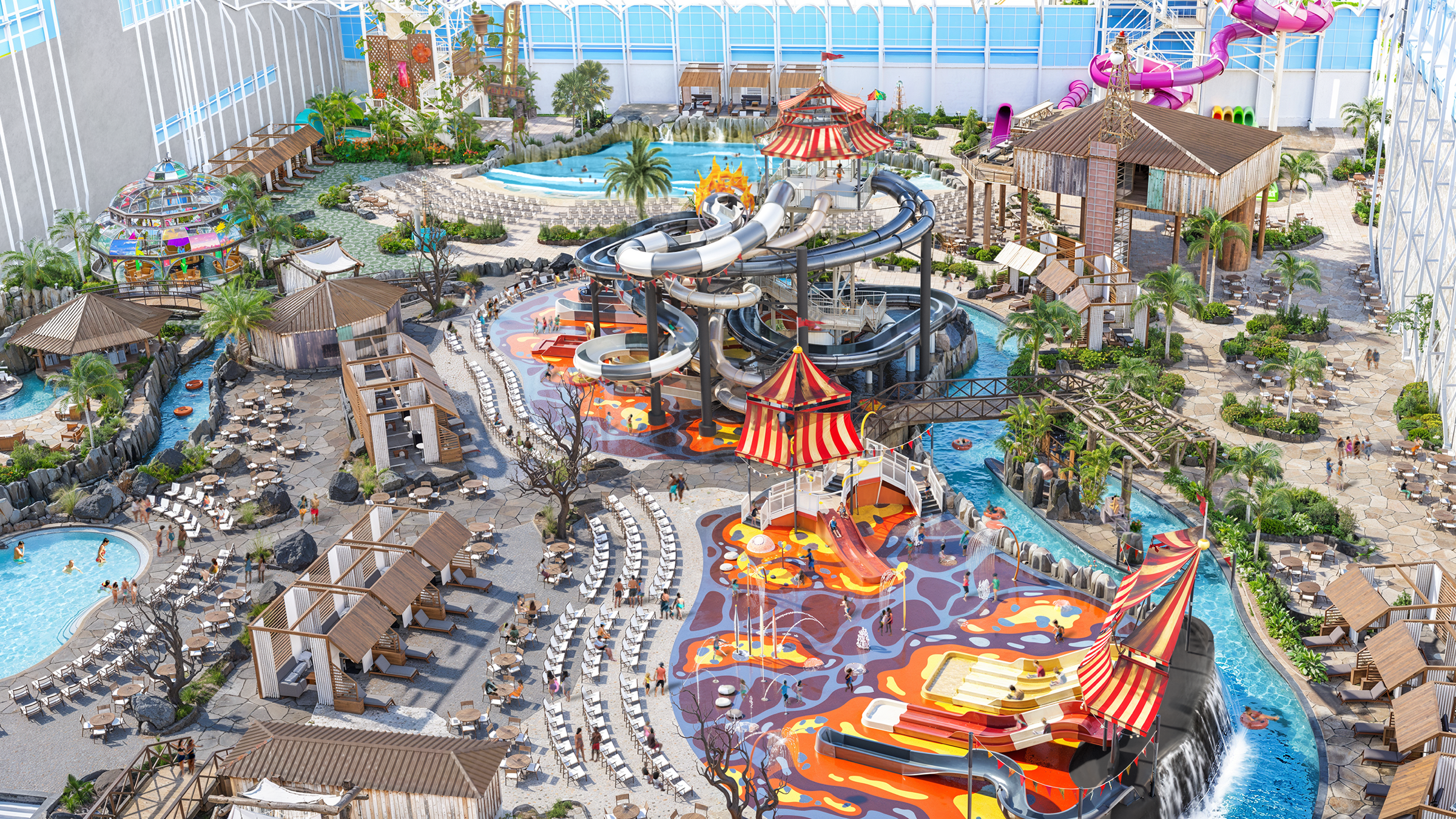 Themed waterpark aerial render
