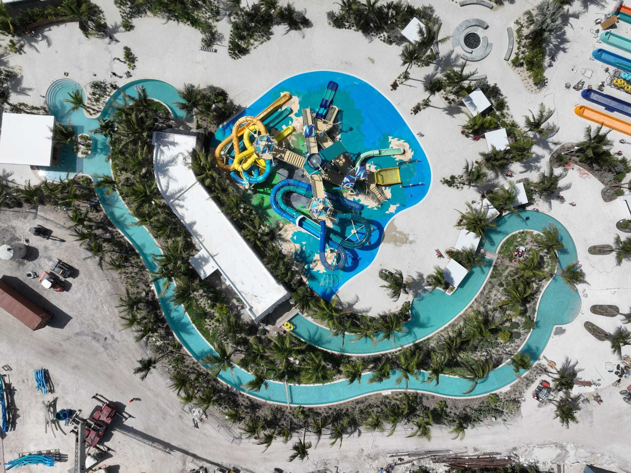 Aerial view of a completed lazy river and waterpark