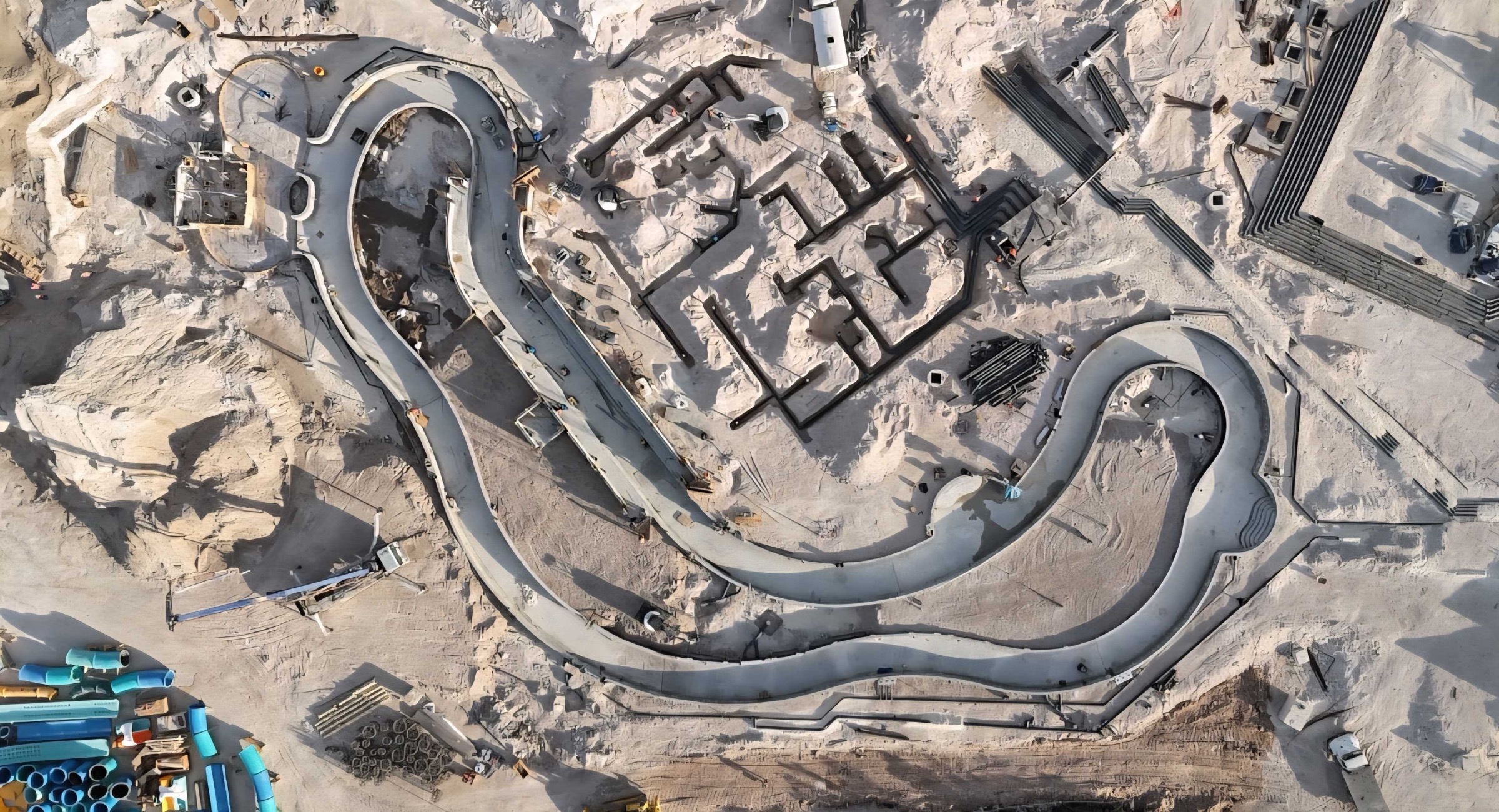 Aerial view of river and building foundations