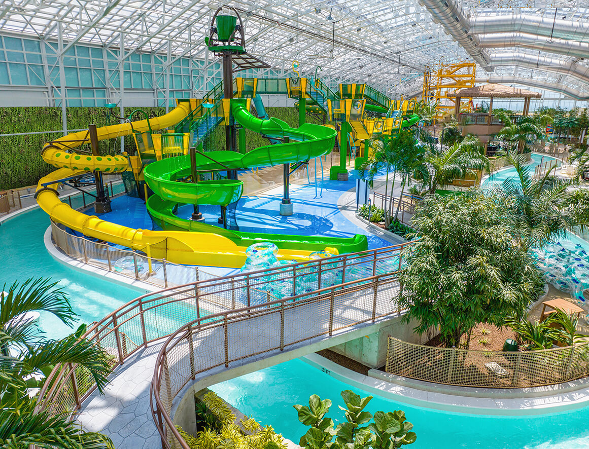 Island Waterpark at Showboat features a lazy river that encircles a play structure with slides.
