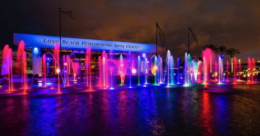 Long Beach Performing Arts Center Water Feature lit up at night