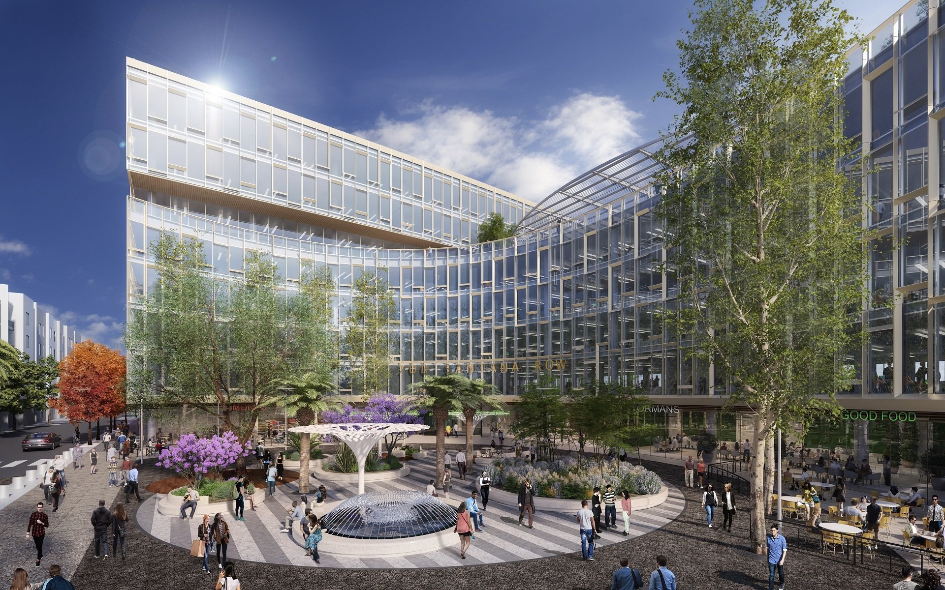 Walkable space in public plaza with central water feature