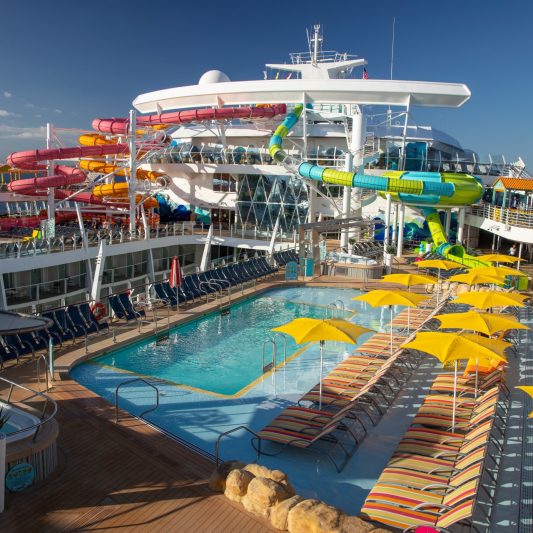 Oasis of the Seas pool deck and two waterslides