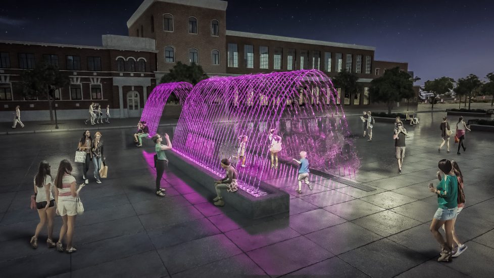 Concept render of Kannapolis Downtown with purple LED lights