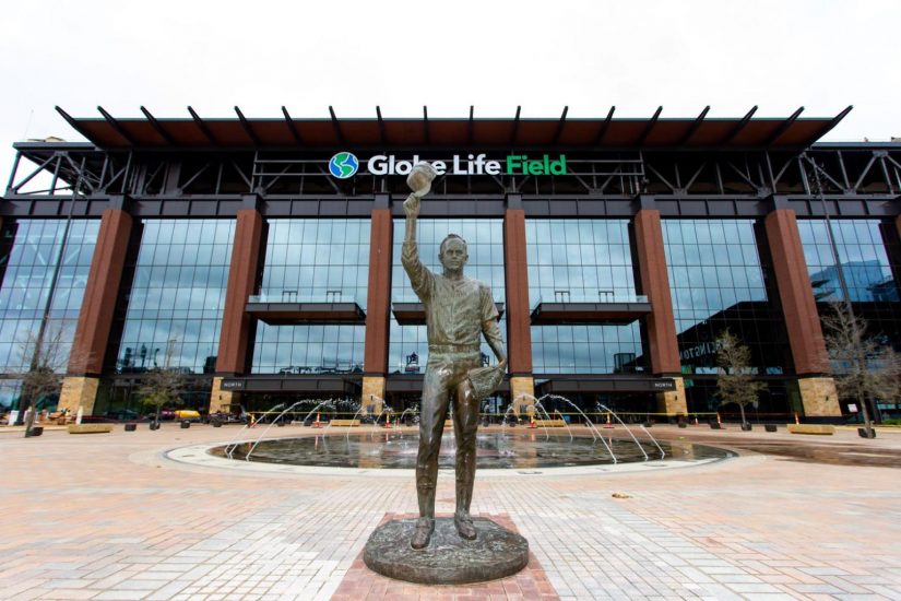 Globe Life Field Nolan Ryan statue in front of fountain