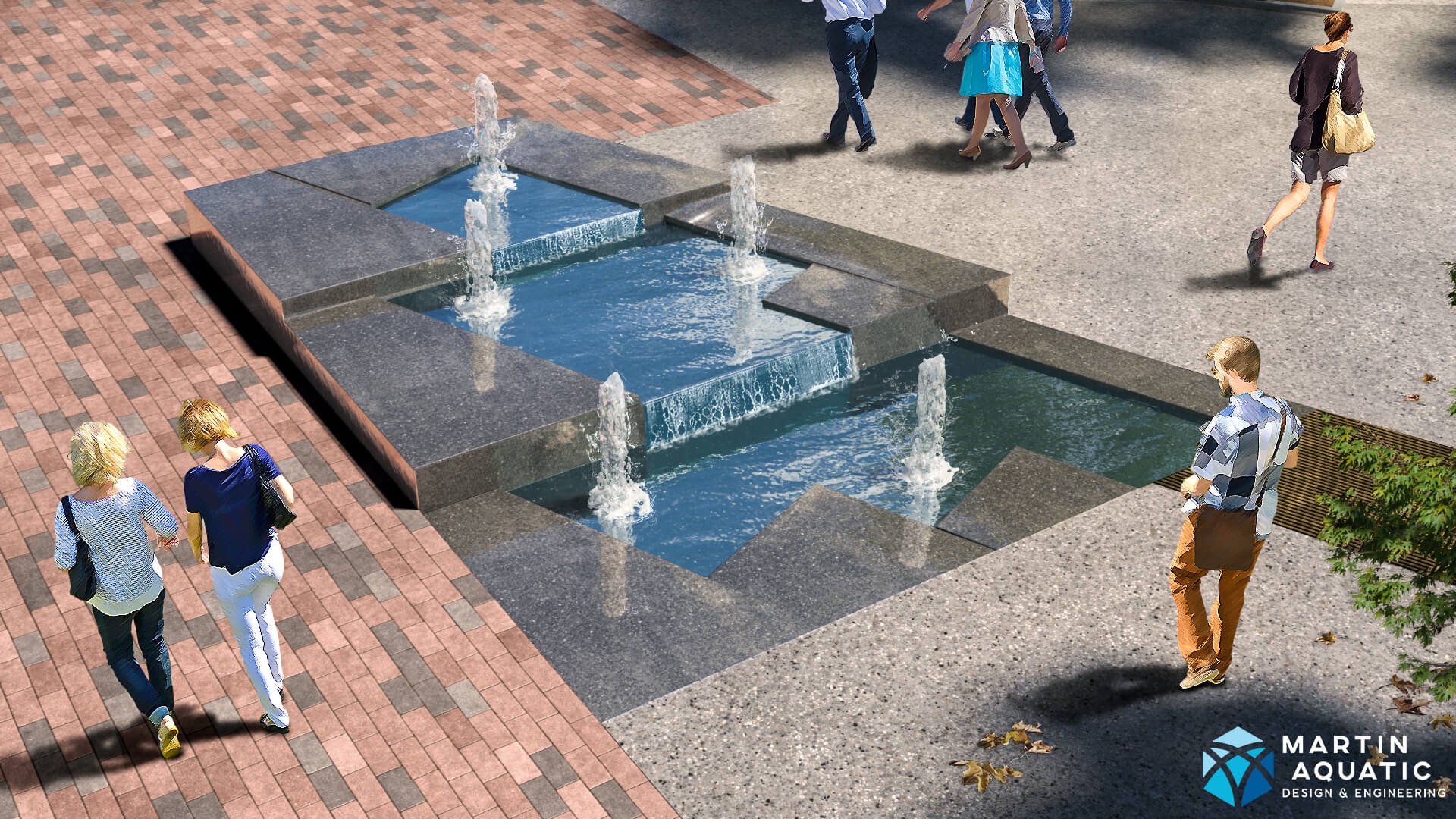 Cascading concrete fountains at Boston City Hall Plaza