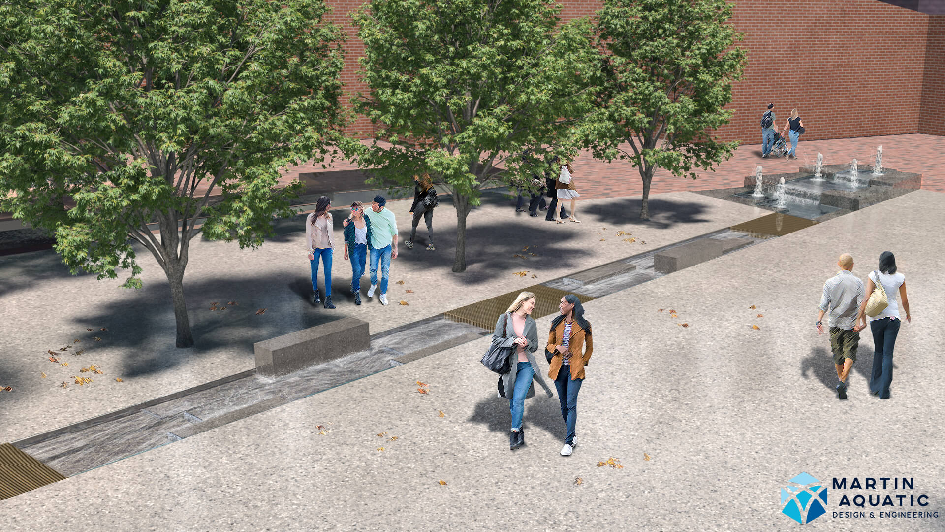 Shallow runnel fountain with bridges at Boston City Hall Plaza