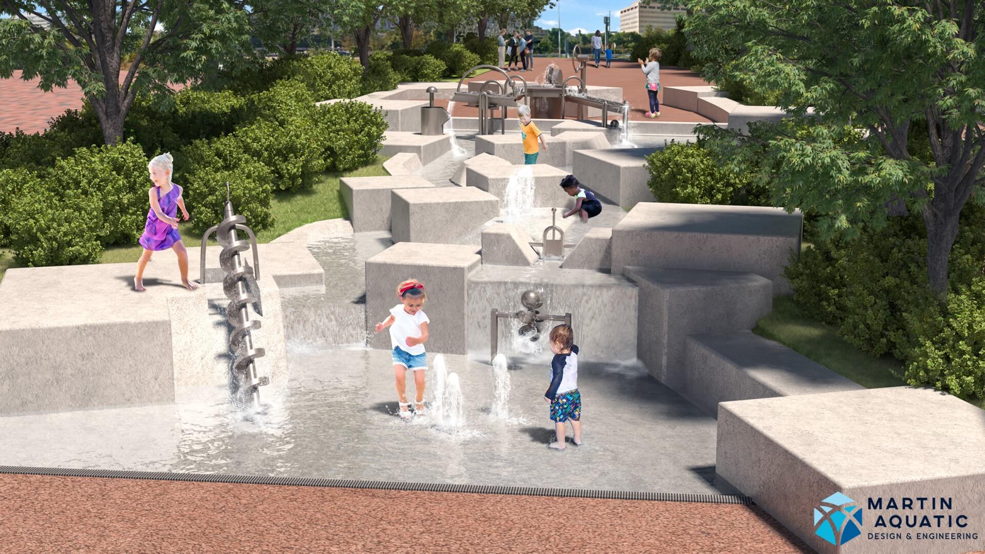 Archimedes screw and bubbler nozzles at Boston City Hall Plaza