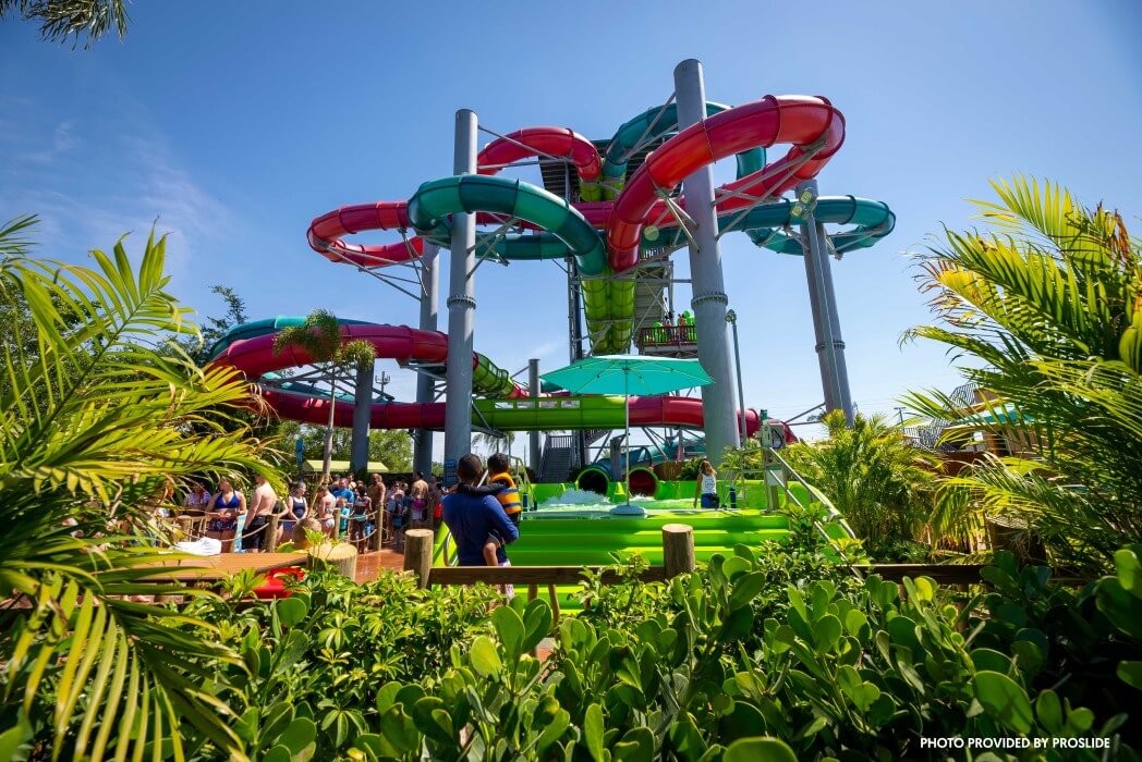 Full view of SeaWorld Aquatica's Riptide Race, the world's largest dueling racer