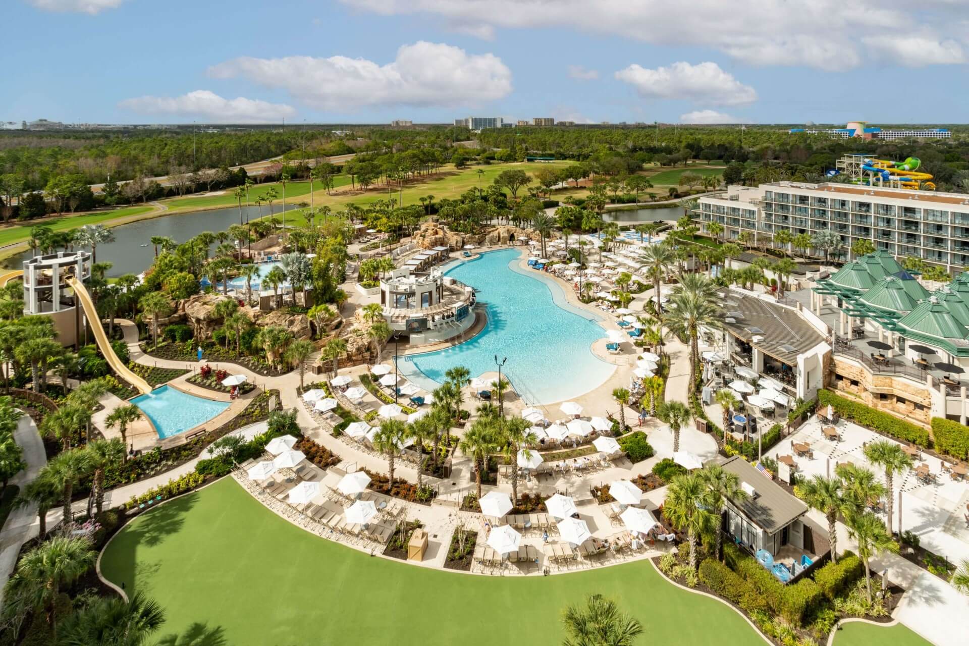 Full aerial view of Orlando World Center Marriott Hotel and Falls Oasis Pool