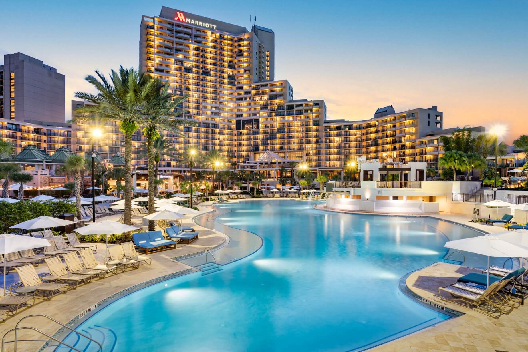 Orlando World Center Marriott Falls Oasis Poolside view of hotel
