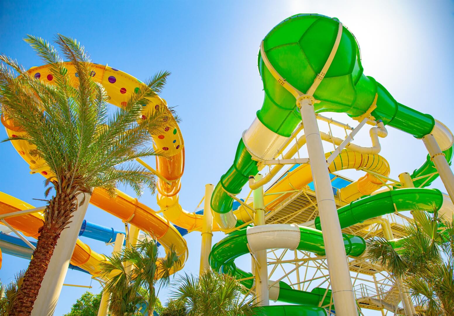 looking up at the River Falls Waterpark at Orlando World Center Marriott's slide tower