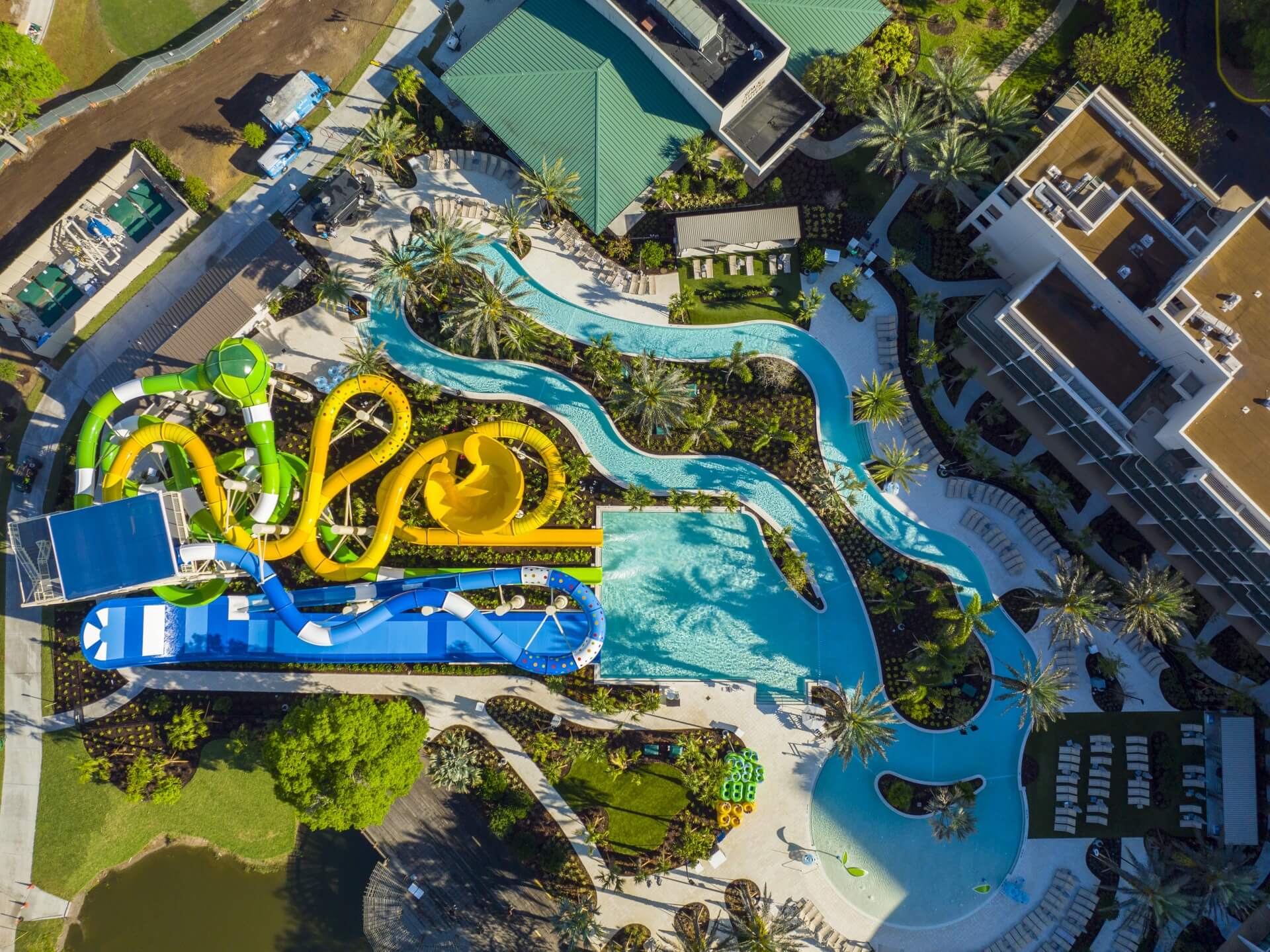 An aerial view of the river and slide tower at the new poolscape of the River Falls Waterpark at Orlando World Center Marriott