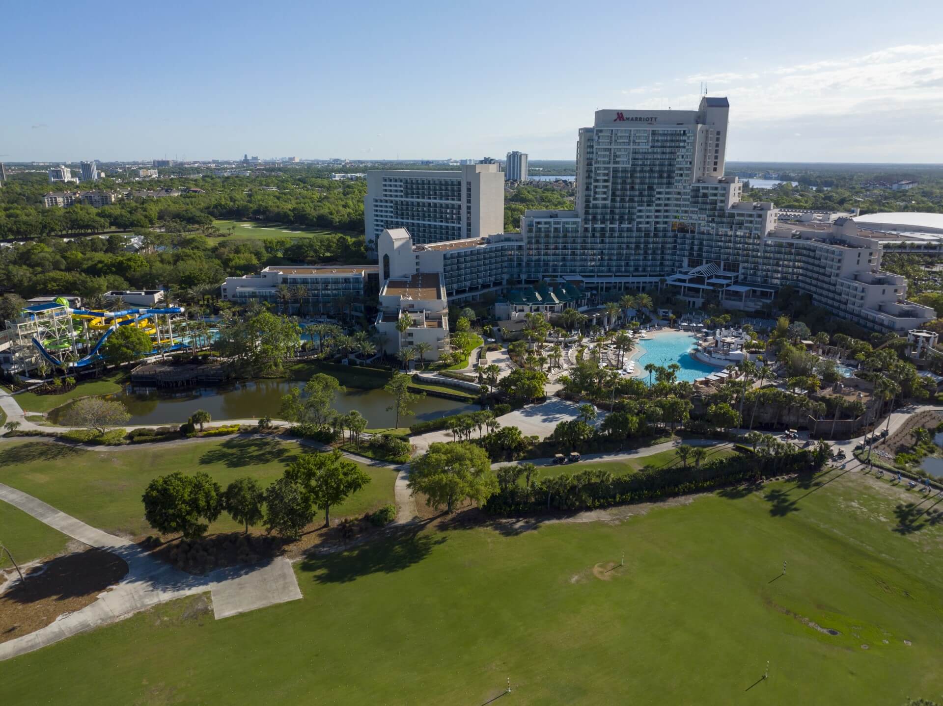 Full resort view of Orlando World Center Marriott including River Falls Waterpark