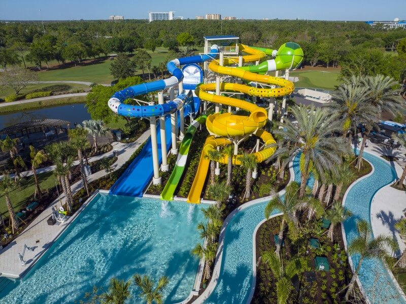 Aerial view of the three-slide tower at Orlando World Center Marriott's River Falls Waterpark