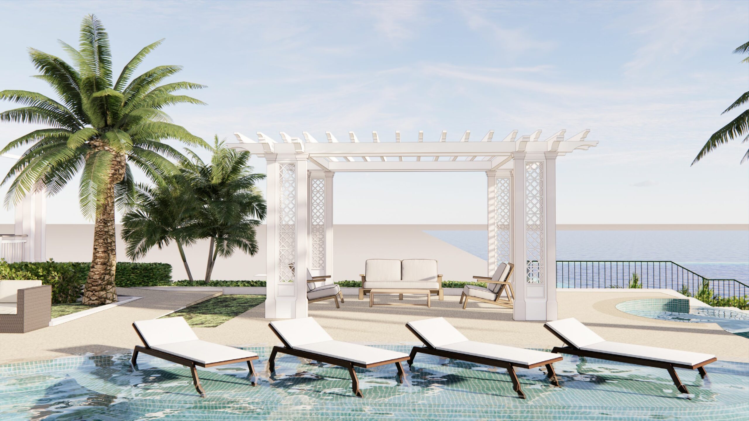 Naples Beach Club pool, sunshelf lounge chairs and cabanas