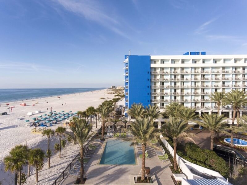 Hilton Clearwater Beach hotel and pool aerial view