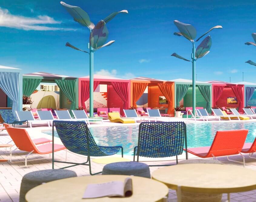 Lake Nona Wave Hotel colorful cabanas and seating