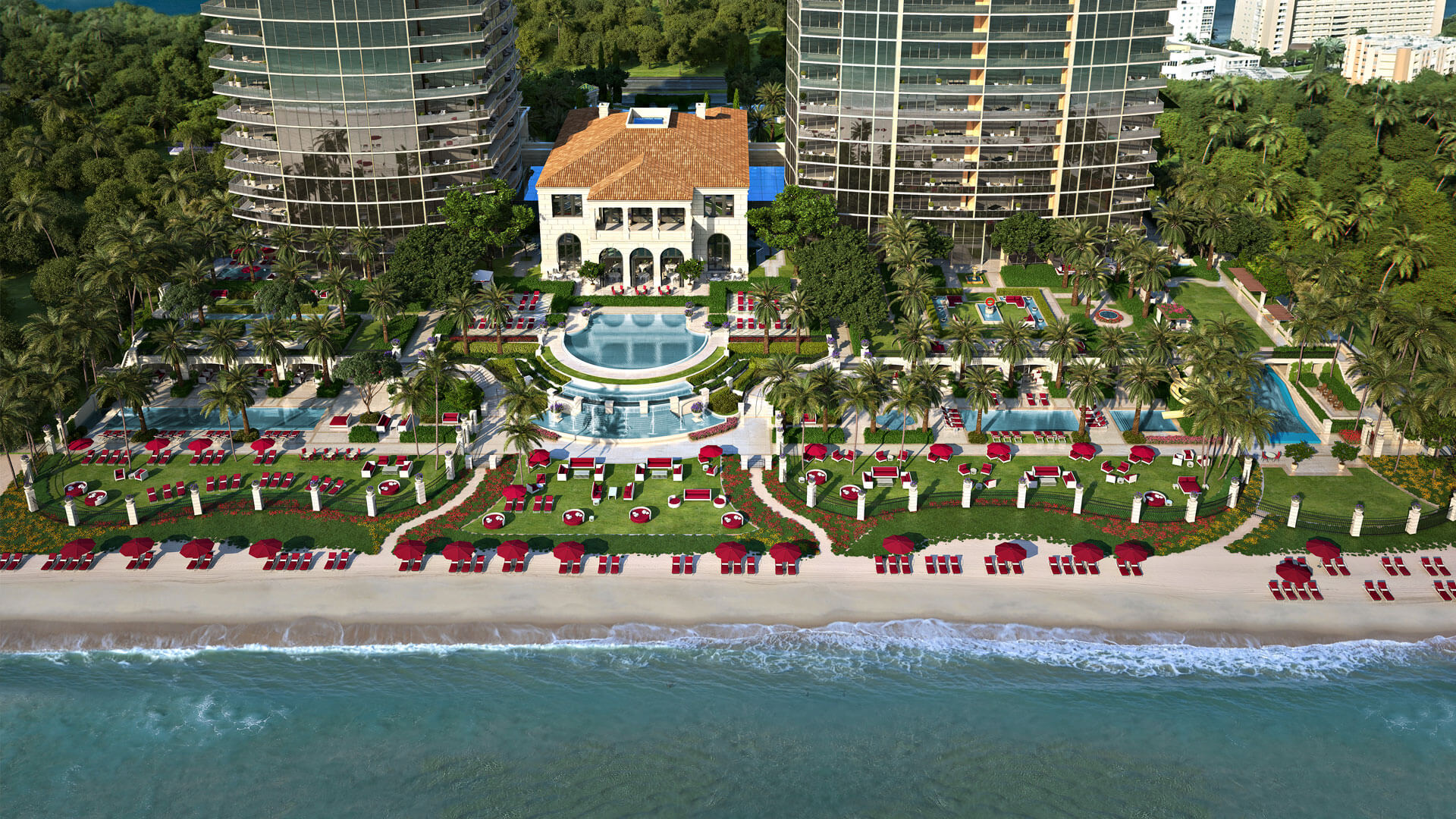 Aerial render of the poolscape for Estates at Acqualina
