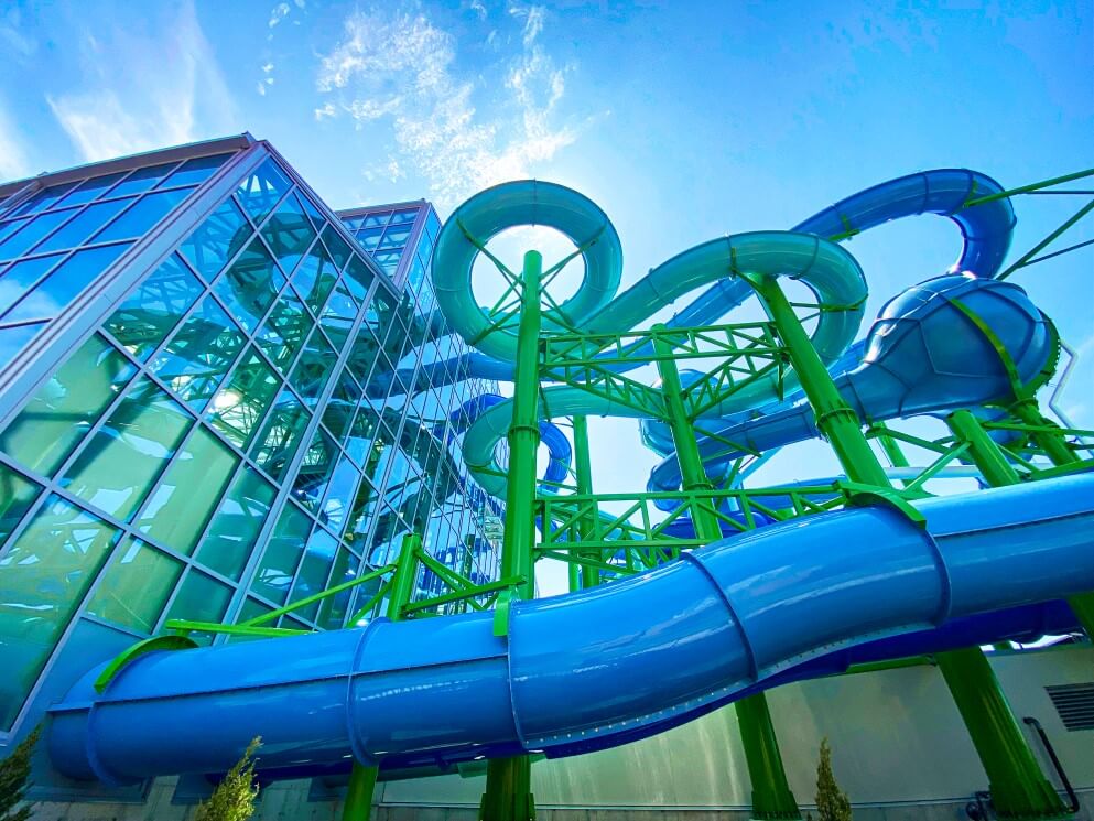 External view of the slide tower at Island Waterpark at Showboat