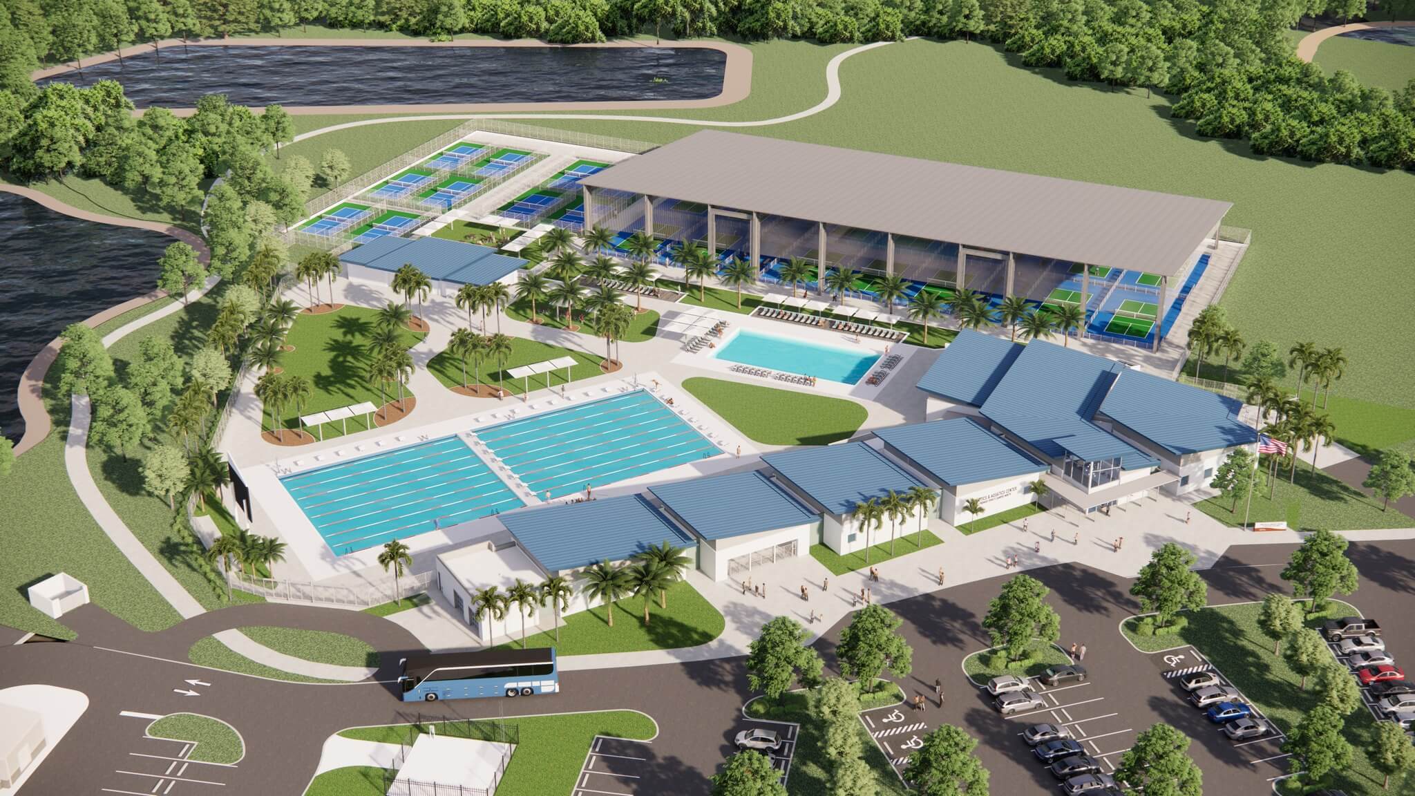 Premier Sports aerial view of pools and pickleball courts