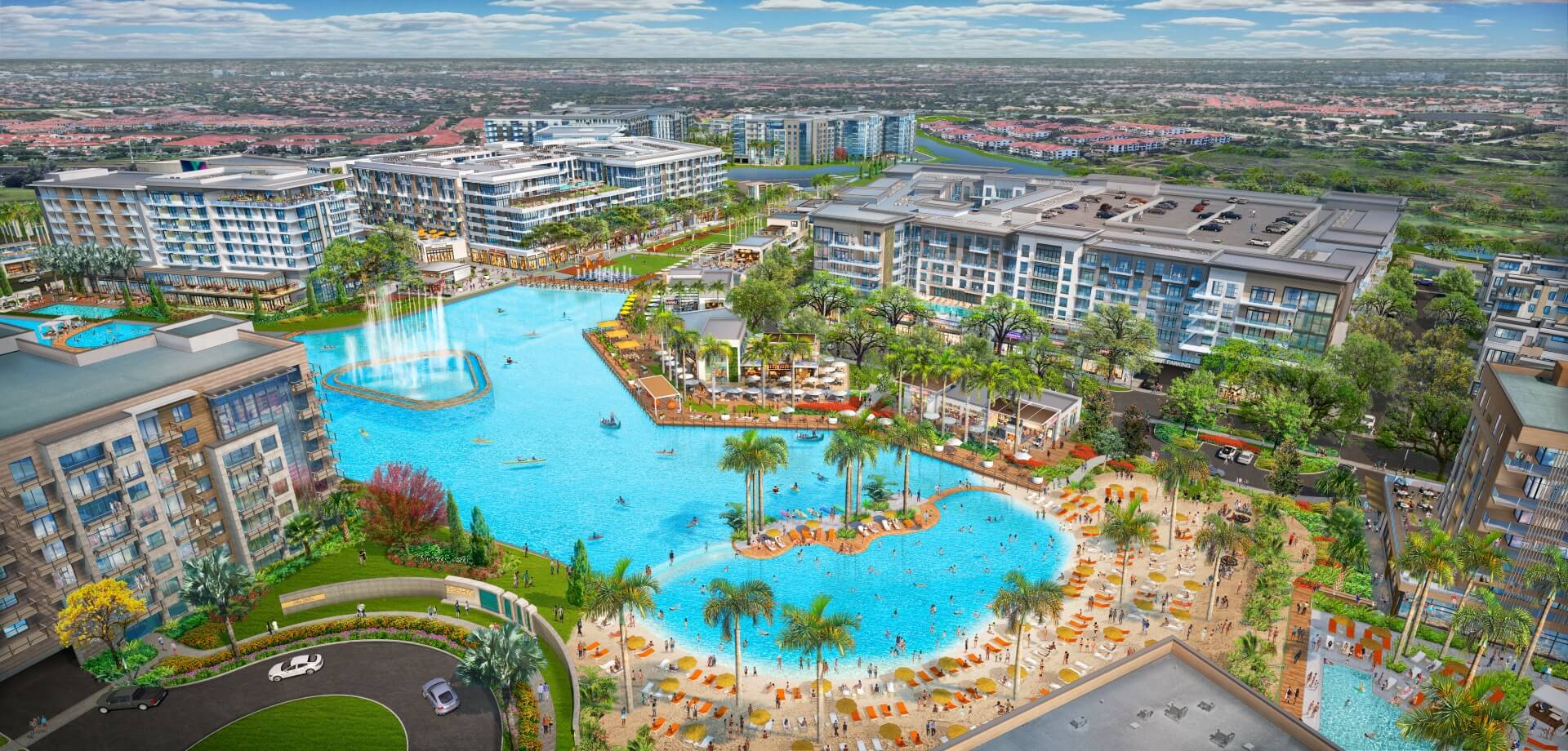 Rendering of Miramar Cove with show fountain and beach club