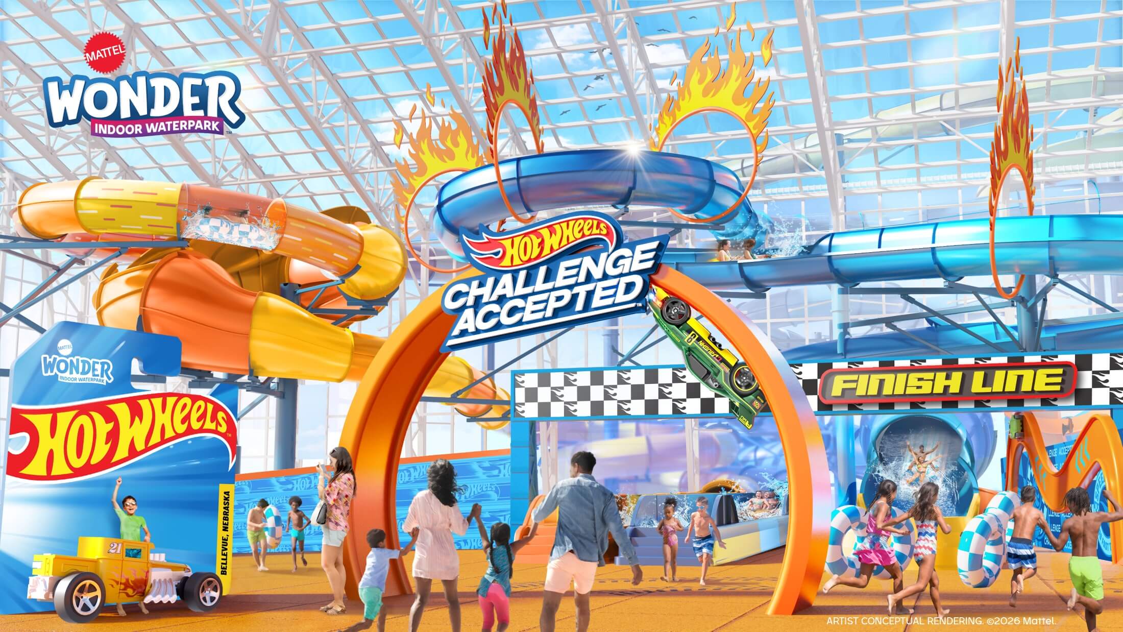 Mattel Wonder interior renders at Bellevue waterpark showing Hot Wheels attraction
